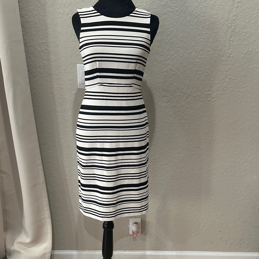 Ann Taylor Black and White Striped Midi Dress